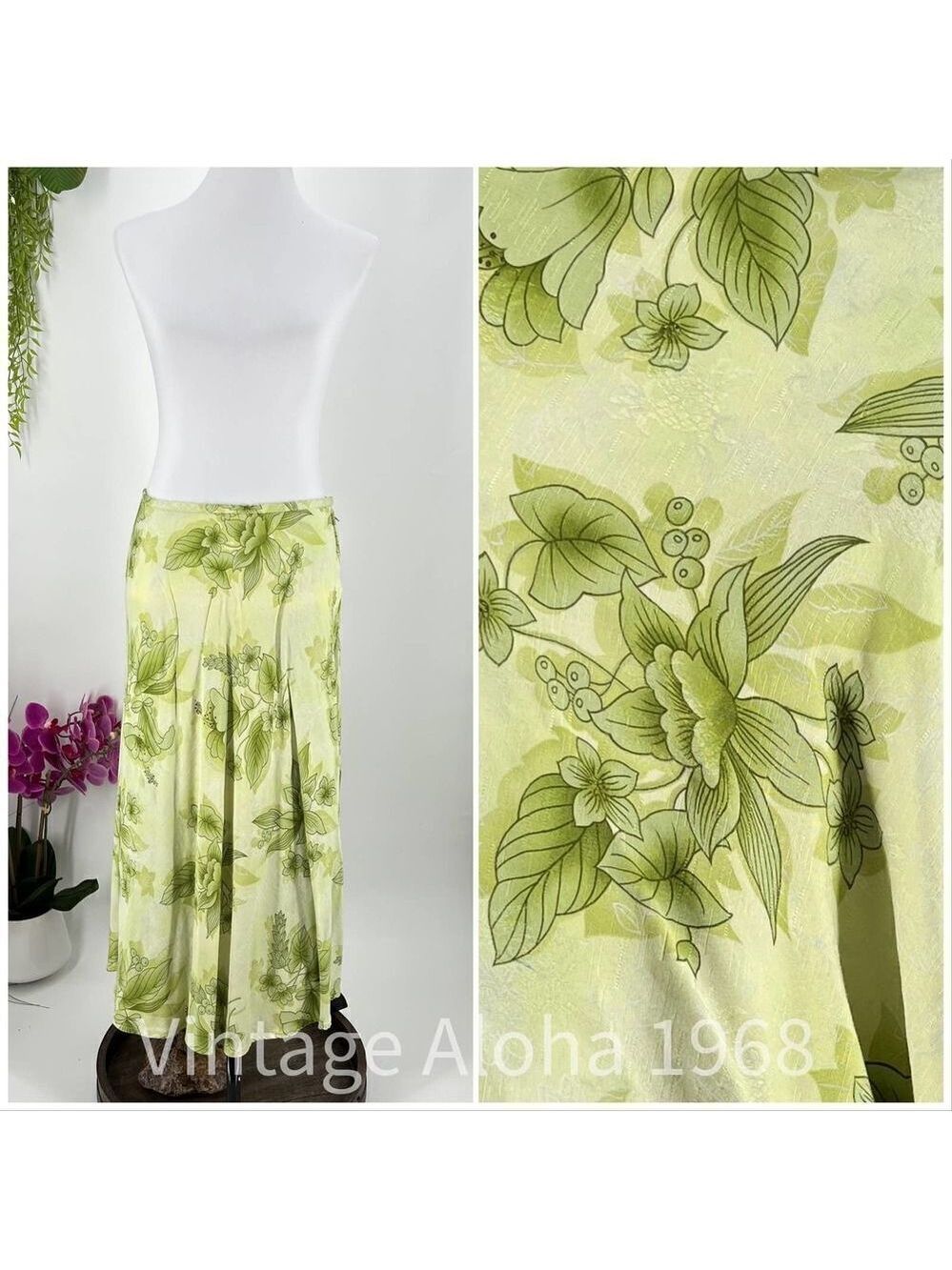 Iolani Green/Yellow Antherium Bark Cloth Floral Skirt Side Zip XL
